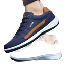 Blue and brown leather sneakers.
