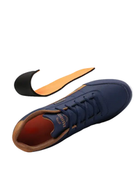 Blue athletic shoe with removable insole.