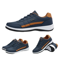 Navy and brown leather sneakers.