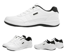 White leather sneakers with black accents.