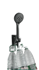 Black shower head with strong adhesive mount holding water bottles.
