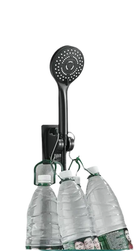 Black shower head with strong adhesive mount holding water bottles.
