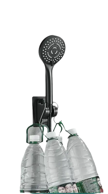 Black shower head with strong adhesive mount holding water bottles.