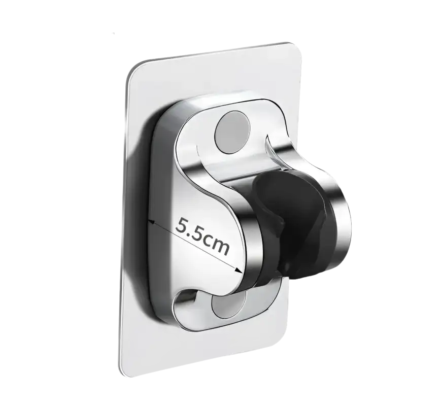 Chrome shower head holder with adhesive backing.