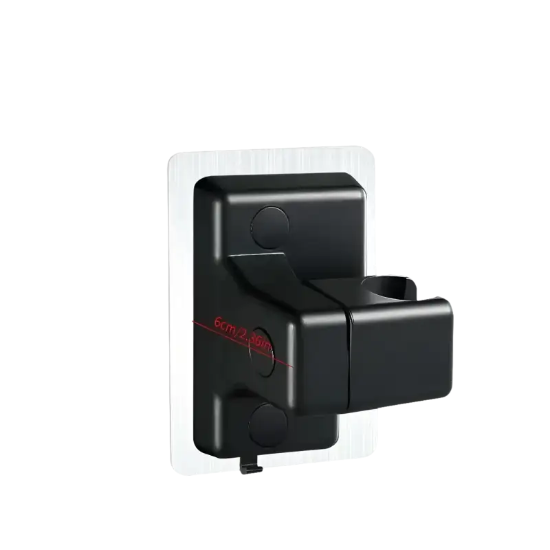 Black shower head holder with dimensions.