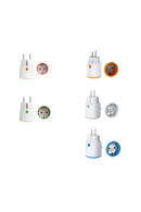 Two types of smart plugs with different color options and app compatibility.
