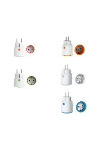 Two types of smart plugs with different color options and app compatibility.