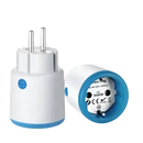 White and blue smart plug with dimensions.