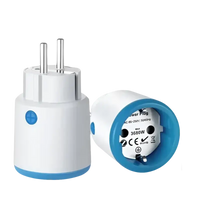 White and blue smart plug with dimensions.