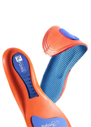 Orange and blue breathable insoles.