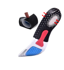 Shoe insole with ventilation holes and shock absorption features.