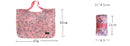Pink patterned reusable shopping bag with dimensions.