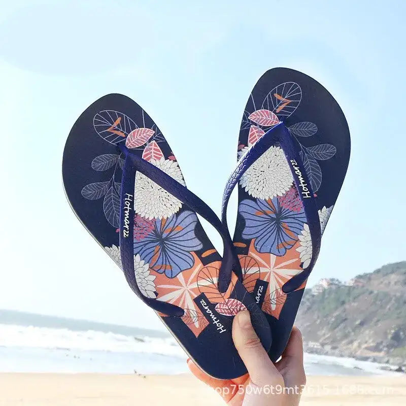 Sweet Blue Floral Printing Slippers Womens Clip Foot Beach