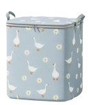 Blue goose-patterned storage bin.