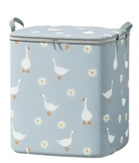 Blue goose-patterned storage bin.