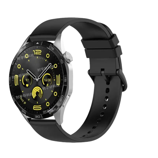 Black smart watch with silver casing.