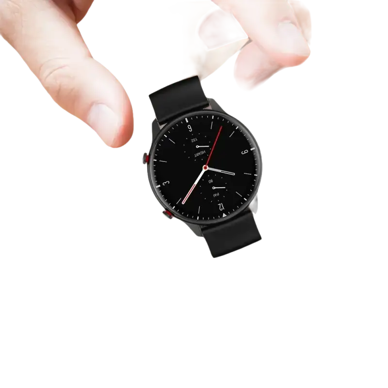 Black smartwatch with a round face.