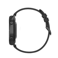 Black smartwatch with band size information.