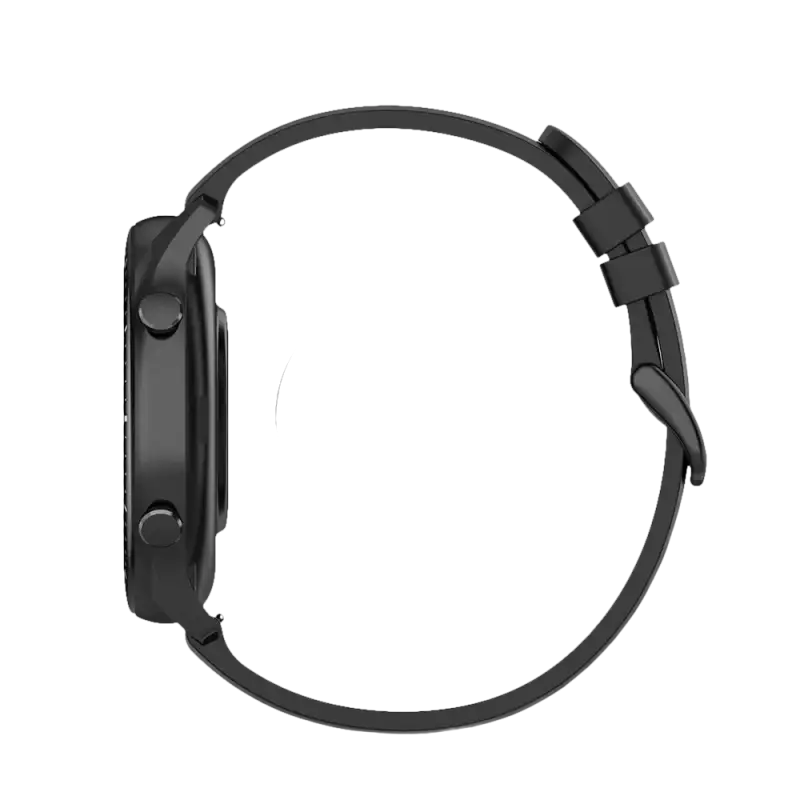 Black smartwatch with band size information.