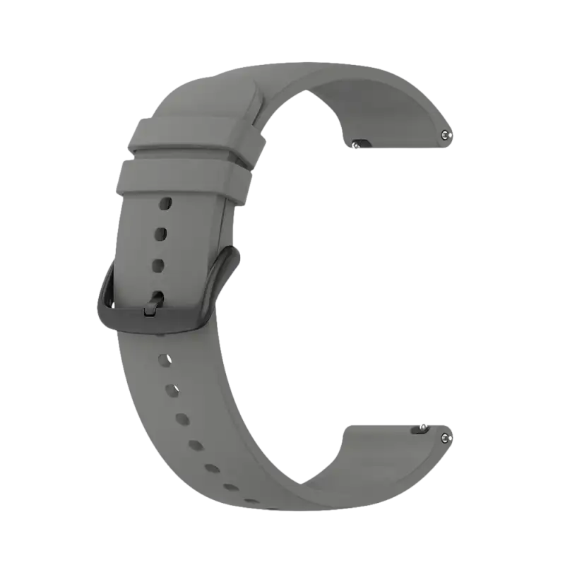 Gray silicone watch band with black buckle.