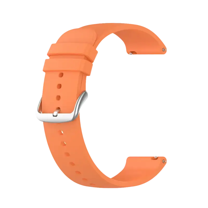 Orange silicone watch band with silver buckle.