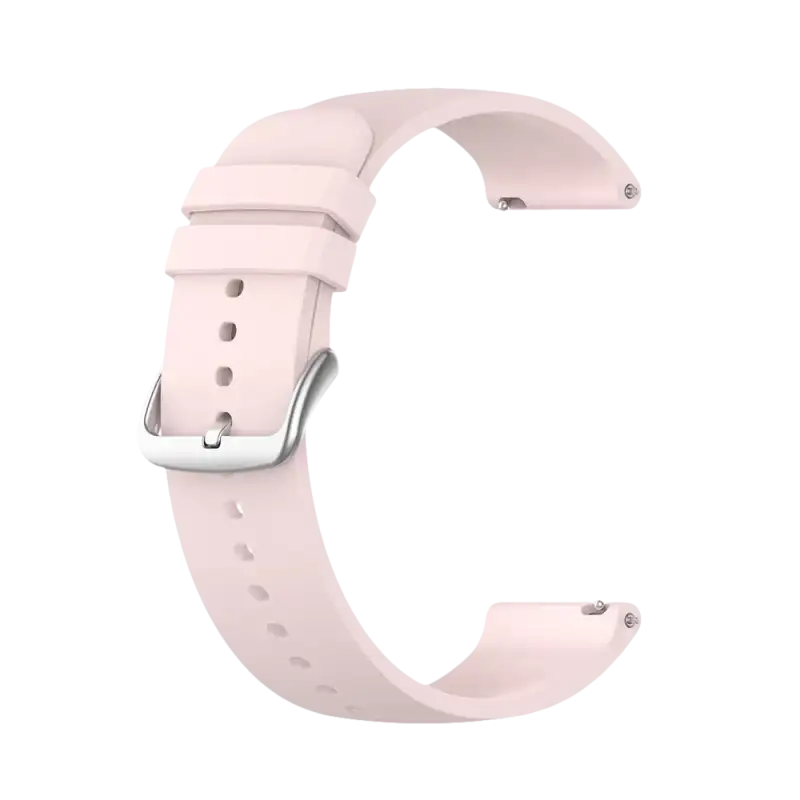Light pink silicone watch band with silver buckle.