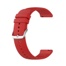 Red silicone watch band with silver buckle.