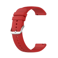 Red silicone watch band with silver buckle.