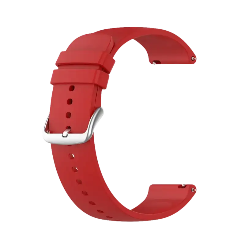 Red silicone watch band with silver buckle.