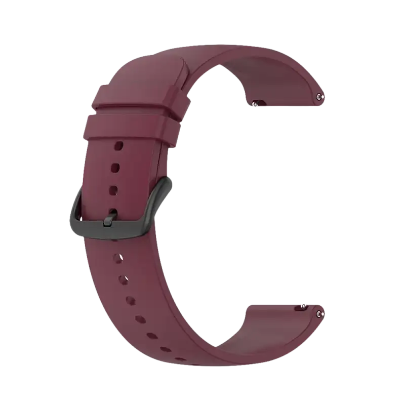 Maroon silicone watch band with black buckle.