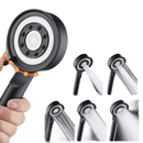 Black handheld shower head with multiple spray modes.