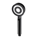Black handheld shower head with dimensions.