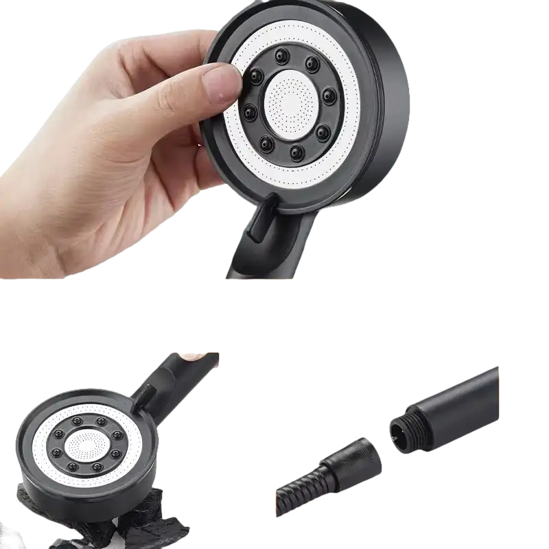 Black handheld shower head.