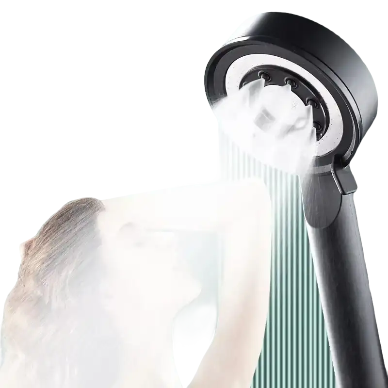 Black handheld shower head.