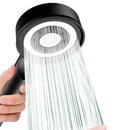 Black shower head with water flowing.