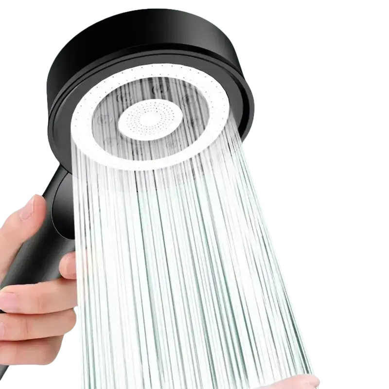 Black shower head with water flowing.