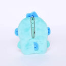Turquoise plush character pouch with zipper.