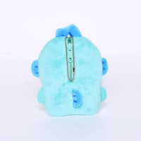 Turquoise plush character pouch with zipper.