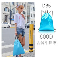 Blue drawstring backpack.