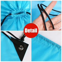Blue drawstring bag details.