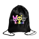 Black drawstring bag with cartoon characters.