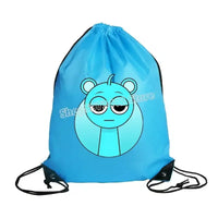 Blue drawstring backpack with cartoon character.