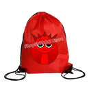 Red drawstring bag with cartoon devil.