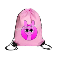 Pink drawstring backpack with cartoon bunny.