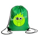 Green drawstring bag with cartoon character.