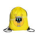 Yellow drawstring backpack with robot design.