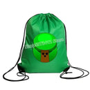 Green drawstring bag with tree graphic.