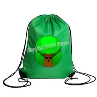 Green drawstring bag with tree graphic.