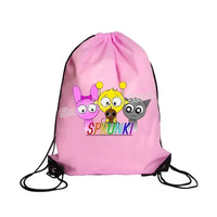Pink drawstring backpack with cartoon characters.