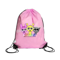Pink drawstring backpack with cartoon characters.